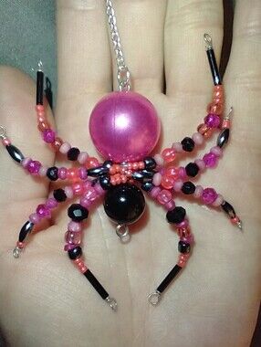 Handmade Pink and Black Beaded Spider Pendant